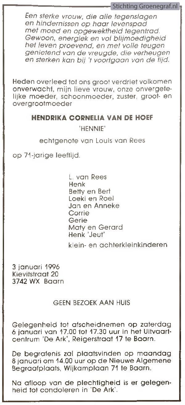 Overlijdensscan Hendrika Cornelia van de Hoef