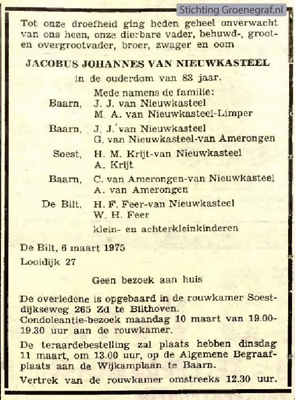 Overlijdensscan Jacobus Johannes van Nieuwkasteel