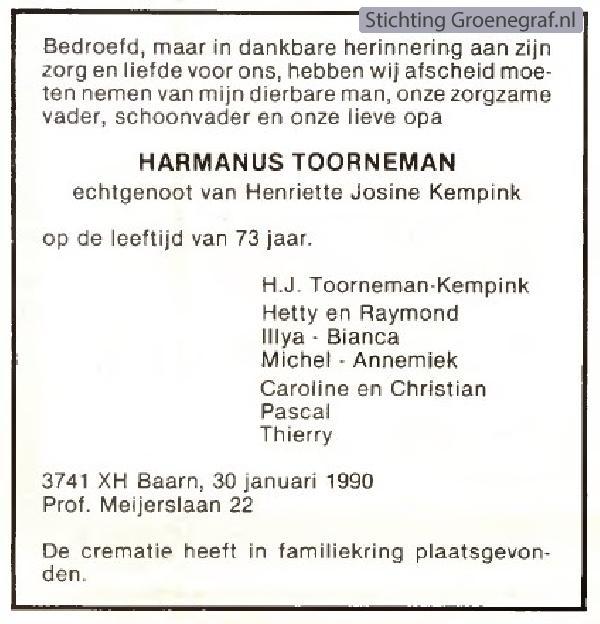 Overlijdensscan Harmanus  Toorneman