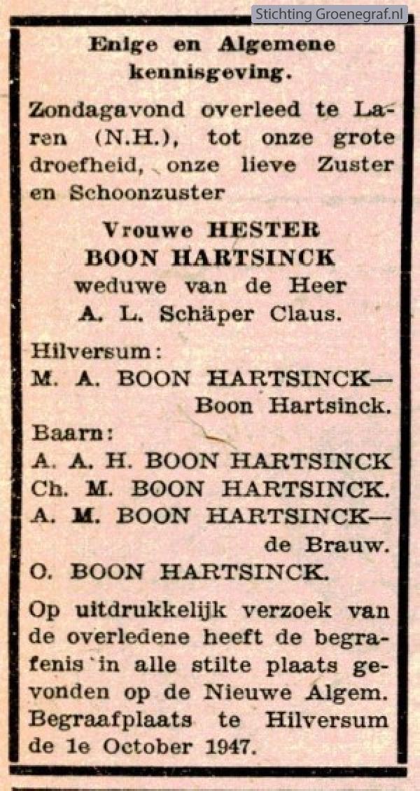Overlijdensscan Hester  Boon Hartsinck