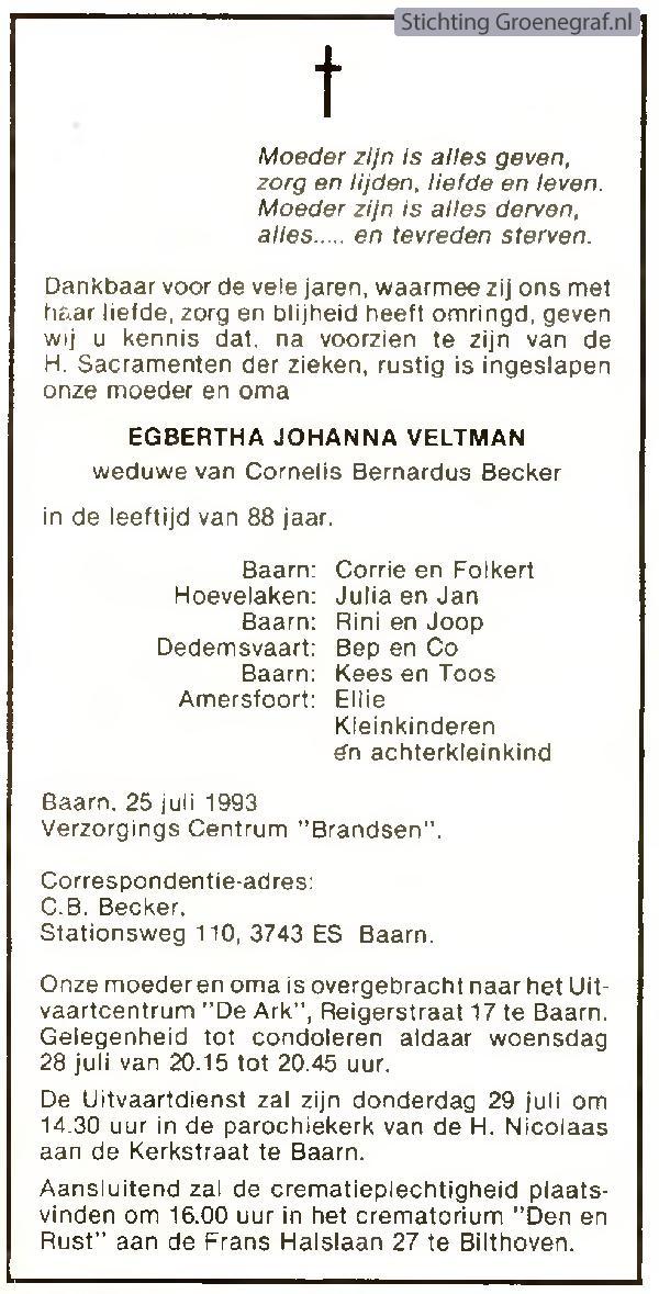 Overlijdensscan Egberta  Veltman