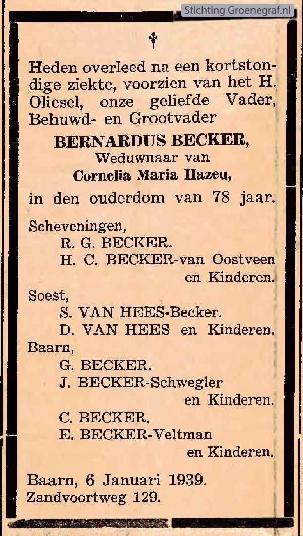 Overlijdensscan Bernardus  Becker