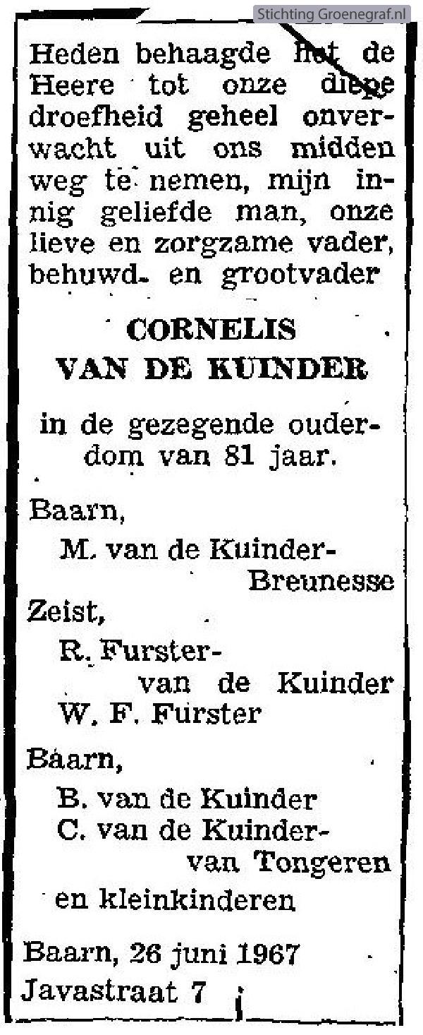 Overlijdensscan Cornelis van de Kuinder