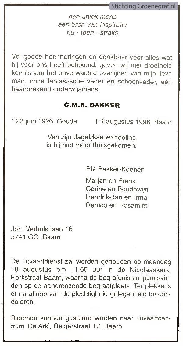 Overlijdensscan Cornelis Maria Antonius  Bakker