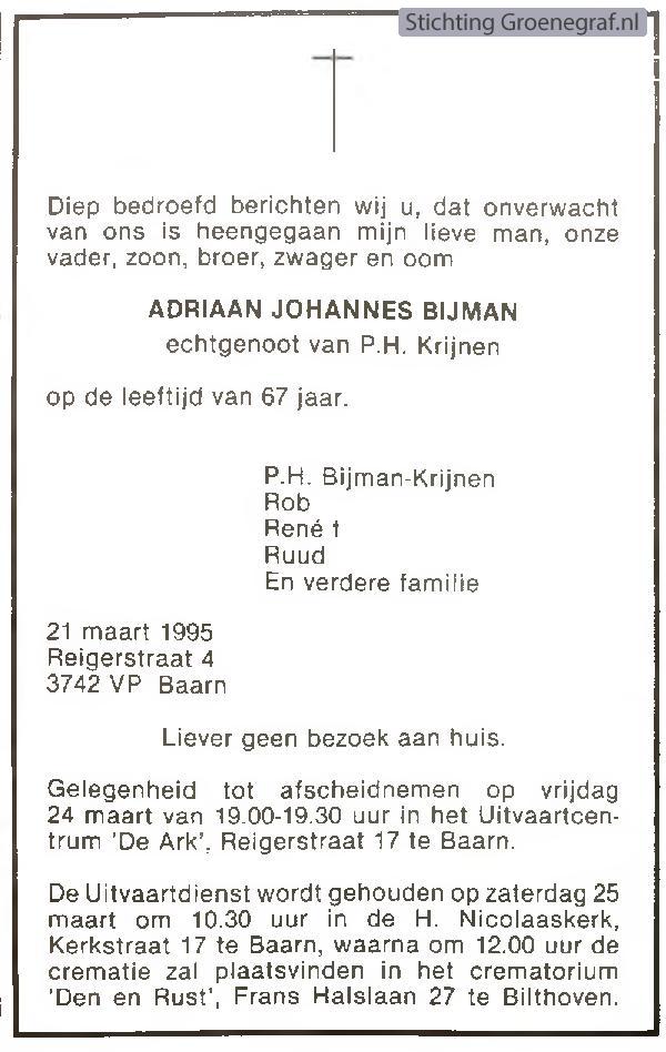Overlijdensscan Adriaan Johannes  Bijman