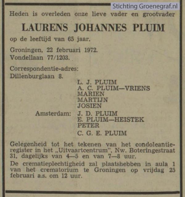 Overlijdensscan Laurens Johannes  Pluim