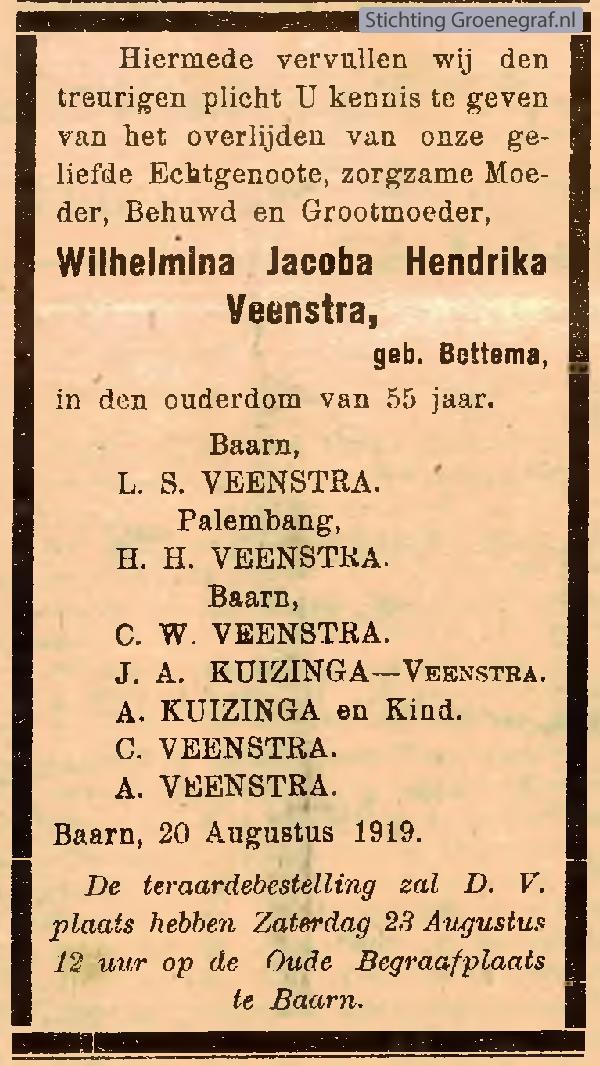 Overlijdensscan Wilhelmina Jacoba Hendrika  Bottema