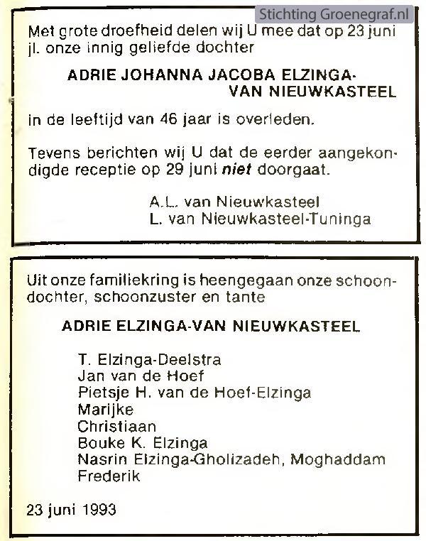 Overlijdensscan Adrie Johanna Jacoba van Nieuwkasteel
