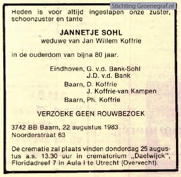 Overlijdensscan Jannetje  Rijnsburg Sohl