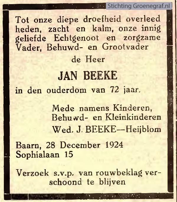 Overlijdensscan Jan  Beeke