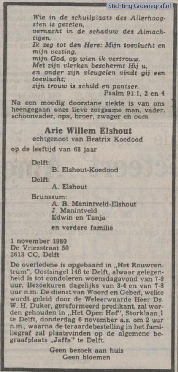 Overlijdensscan Arie Willem  Elshout