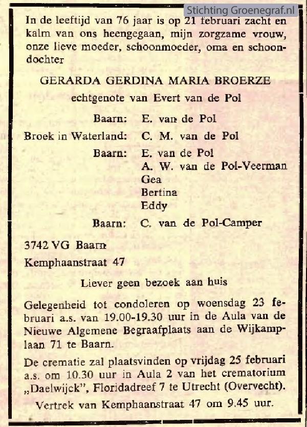 Overlijdensscan Gerarda Gerdina Maria  Broerze