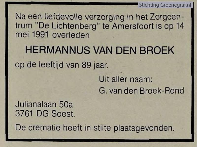 Overlijdensscan Hermannus van den Broek