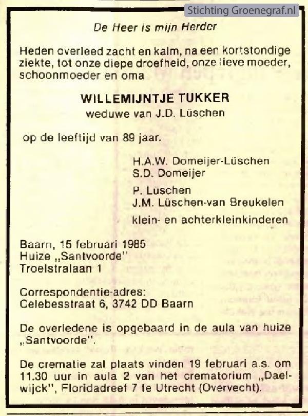 Overlijdensscan Willemijntje  Tukker