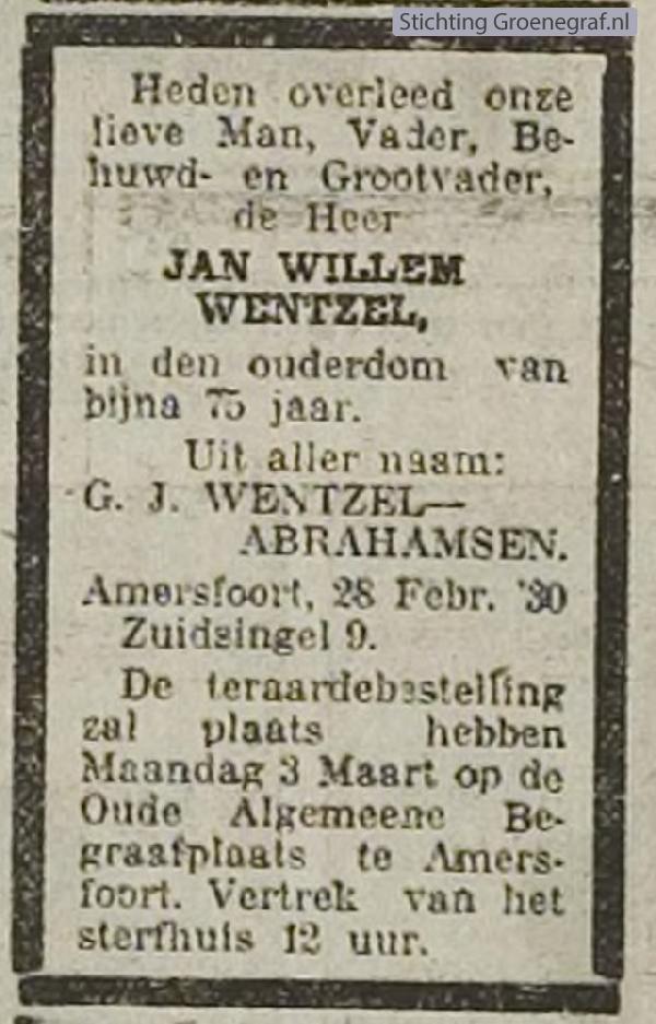 Overlijdensscan Jan Willem  Wentzel
