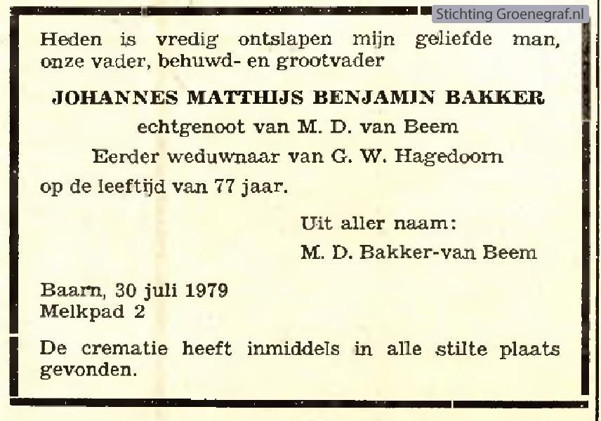 Overlijdensscan Johannes Matthijs Benjamin  Bakker