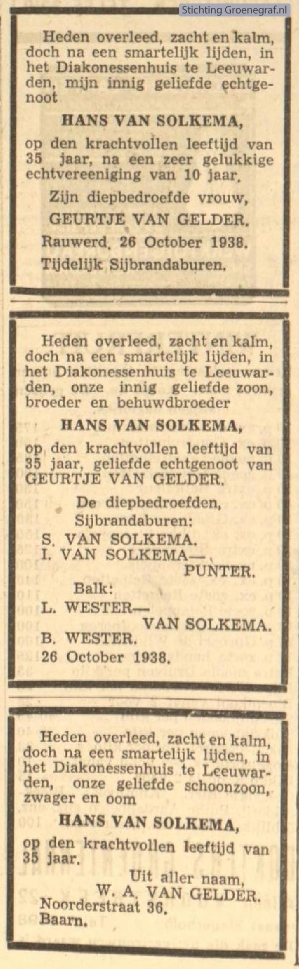Overlijdensscan Hans van Solkema