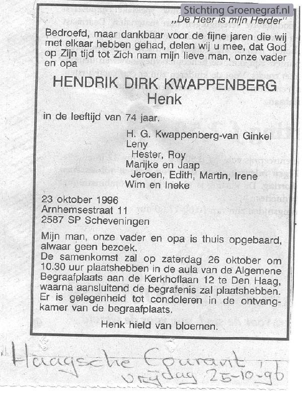 Overlijdensscan Hendrik Dirk  Kwappenberg