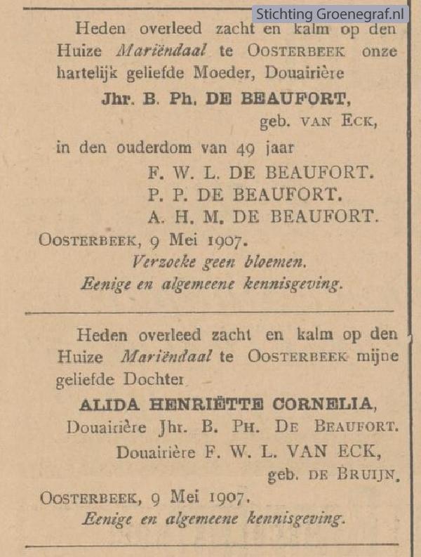Overlijdensscan Alida Henriette Cornelia van Eck