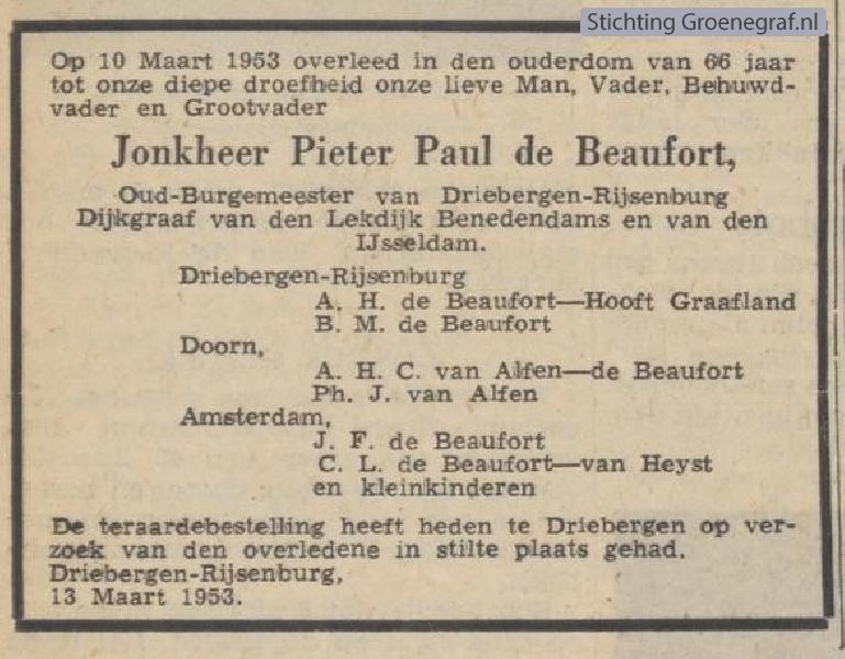 Overlijdensscan Pieter Paul de Beaufort