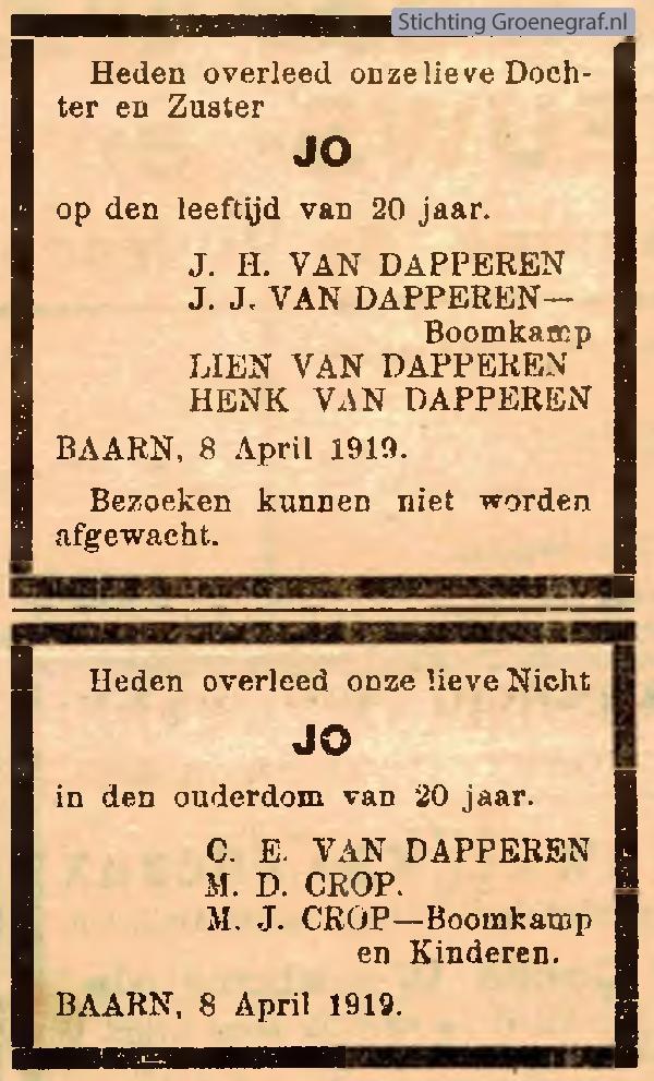 Overlijdensscan Johanna Catharina van Dapperen