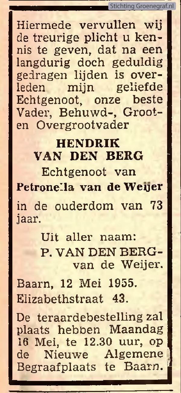Overlijdensscan Hendrik van den Berg