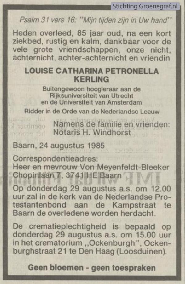 Overlijdensscan Louise Catharina Petronella  Kerling