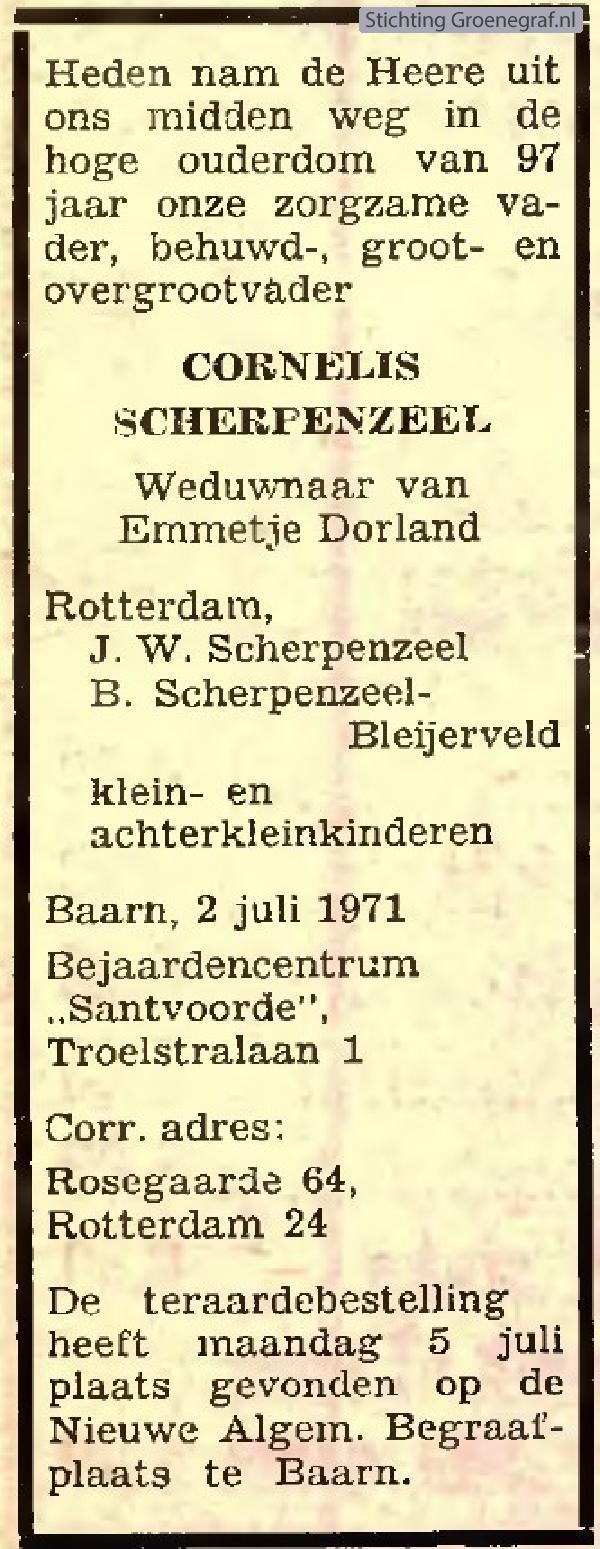 Overlijdensscan Cornelis  Scherpenzeel