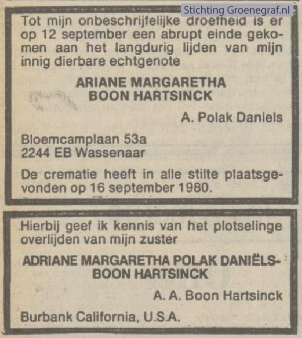 Overlijdensscan Ariane Margaretha  Boon Hartsinck