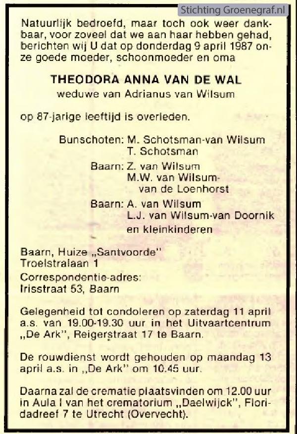 Overlijdensscan Theodora Anna van de Wal