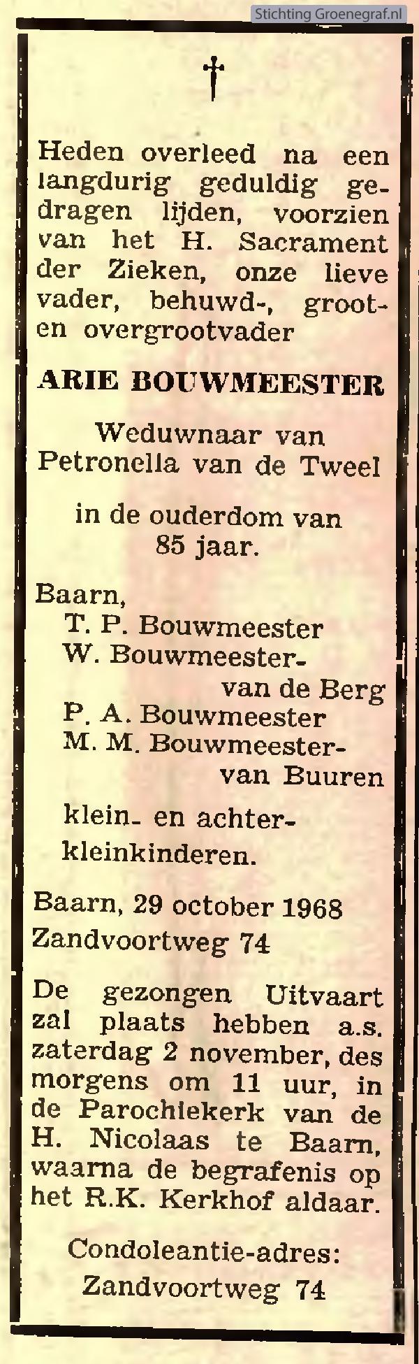 Overlijdensscan Arie  Bouwmeester