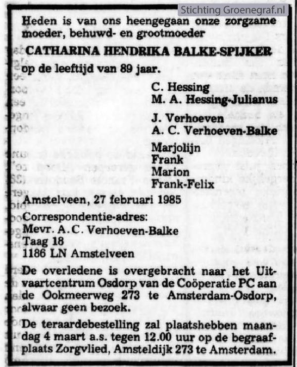 Overlijdensscan Catharina Hendrika  Spijker