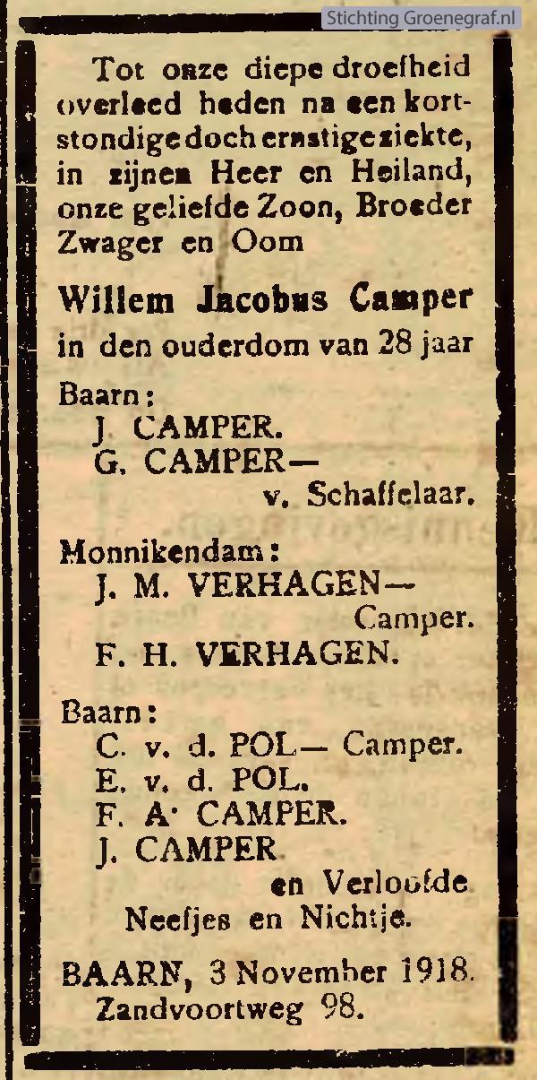 Overlijdensscan Willem Jacobus  Camper