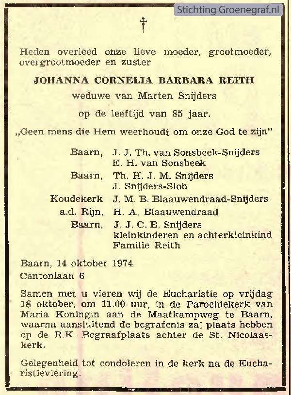 Overlijdensscan Johanna Cornelia Barbara   Reith