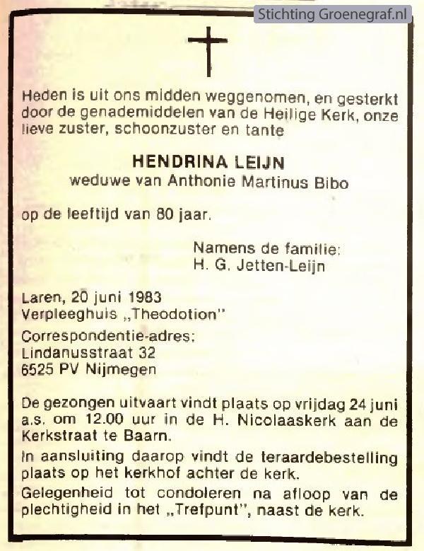 Overlijdensscan Hendrina  Leijn