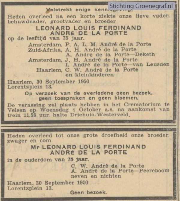 Overlijdensscan Leonard Louis Ferdinand  André de la Porte