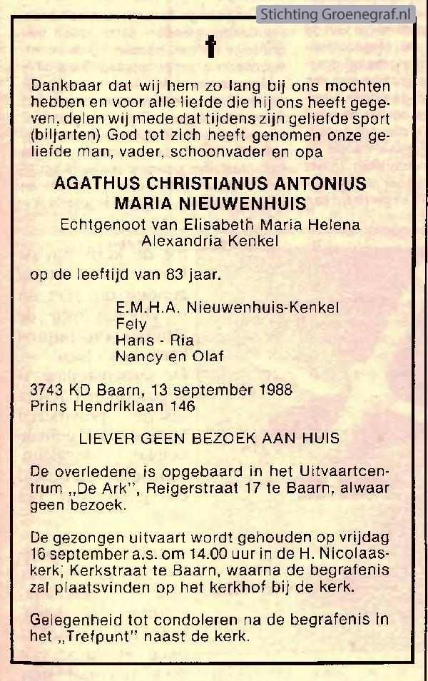 Overlijdensscan Agathus Christiaan Antonius Maria   Nieuwenhuis