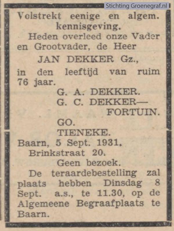 Overlijdensscan Jan  Dekker Gzn.