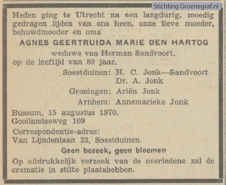 Overlijdensscan Agnes Geertruida Maria den Hartog