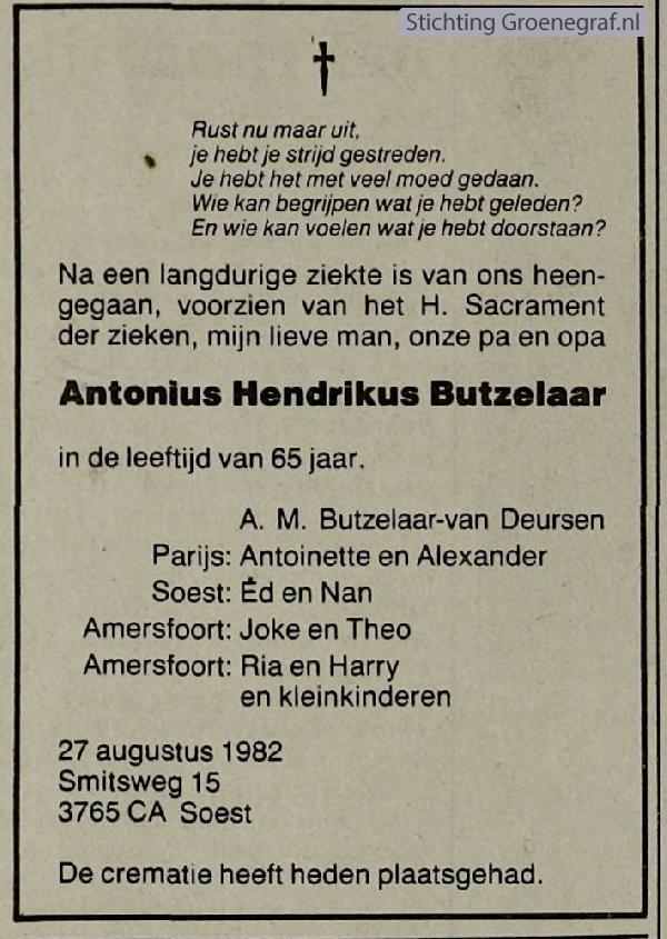 Overlijdensscan Antonius Hendrikus van Butzelaar