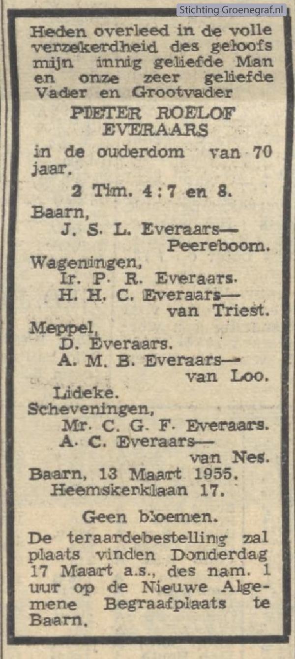 Overlijdensscan Pieter Roelof  Everaars