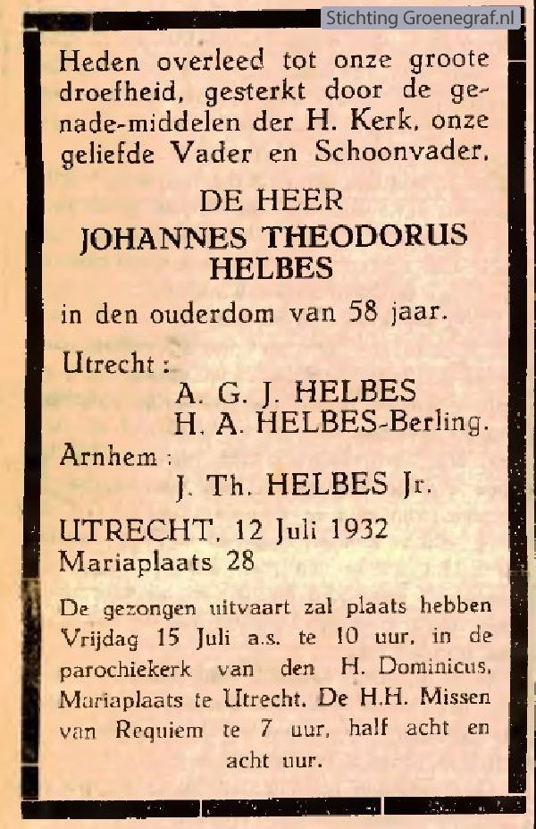 Overlijdensscan Johannes Theodorus  Helbes