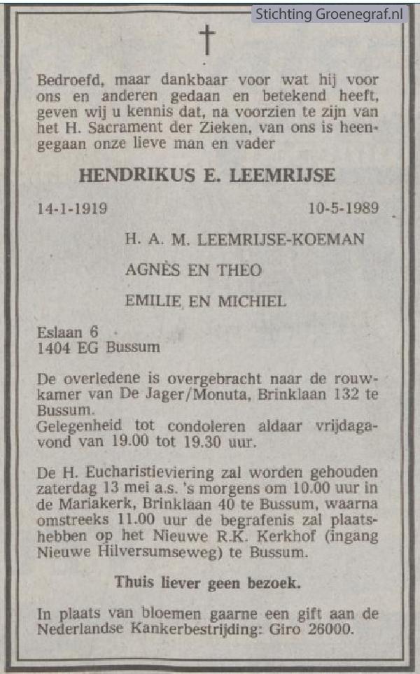 Overlijdensscan Hendrikus Elizabeth  Leemrijse