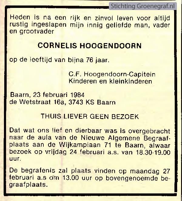 Overlijdensscan Cornelis  Hoogendoorn