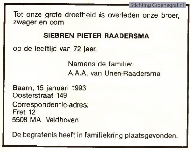 Overlijdensscan Siebren Pieter  Raadersma