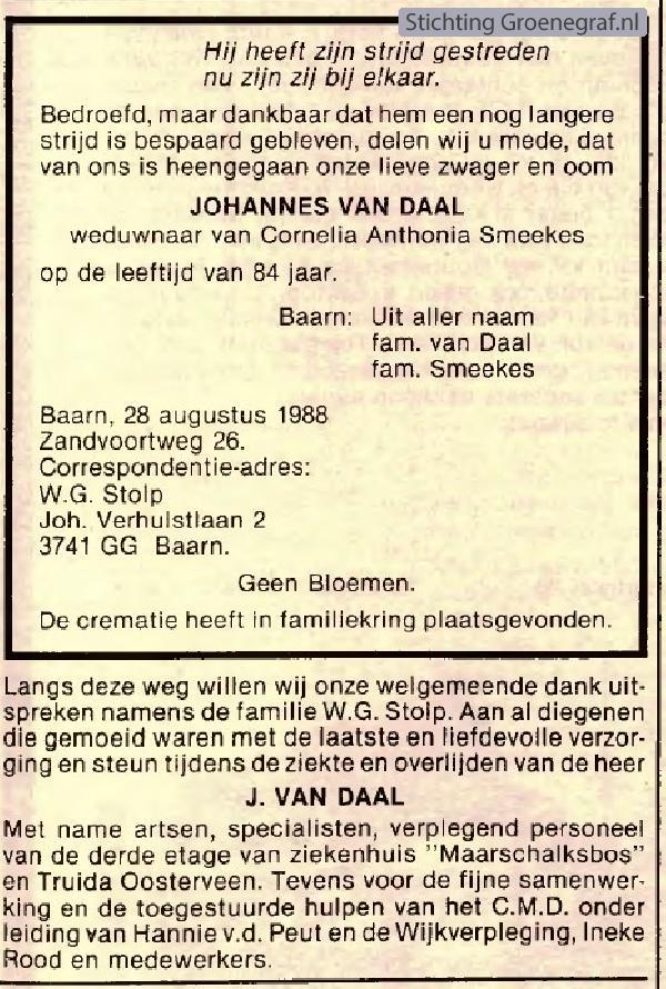 Overlijdensscan Johannes van Daal