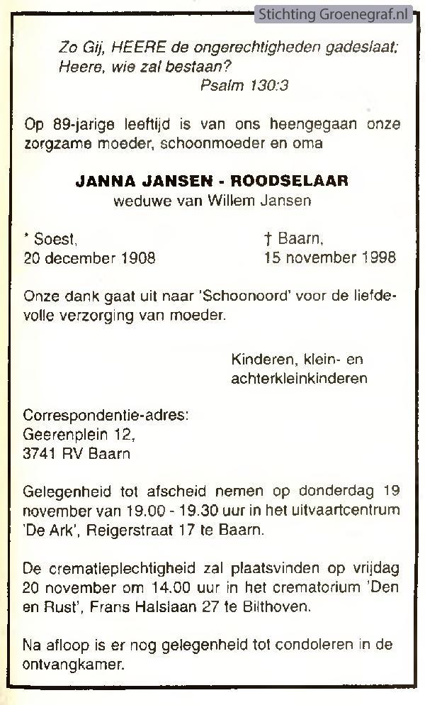 Overlijdensscan Janna  Roodselaar