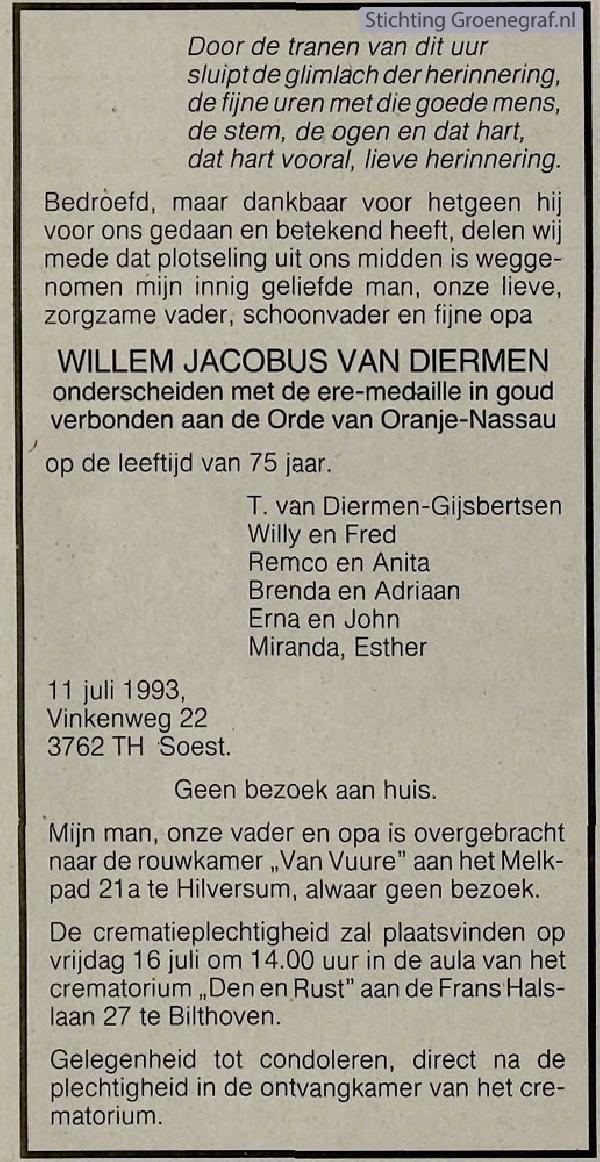 Overlijdensscan Willem Jacobus van Diermen