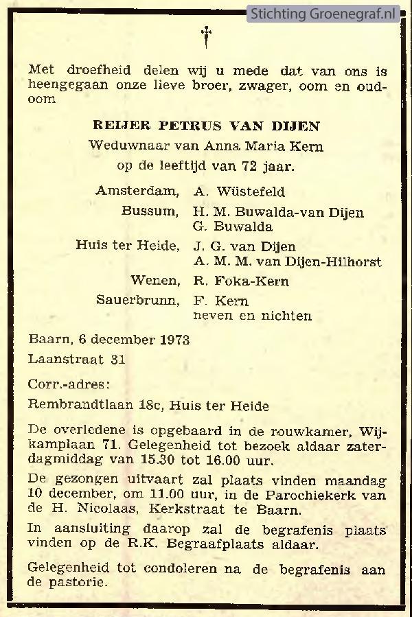 Overlijdensscan Reijer Petrus van Dijen