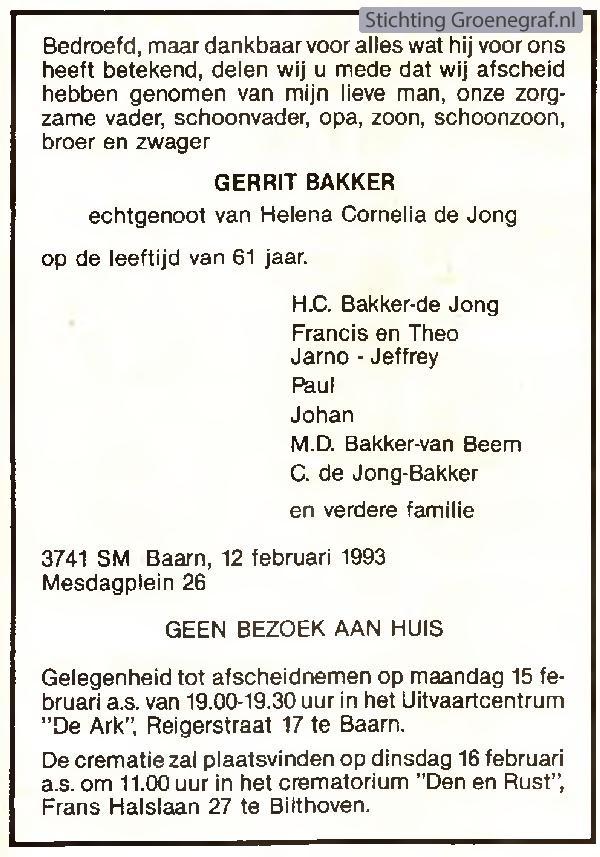 Overlijdensscan Gerrit  Bakker